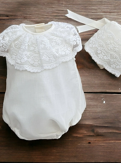 Christening special organza romper and bonnet. gardenia model