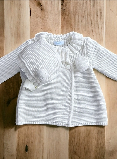 Conjunto bebé niña Abrigo y capota de Foque. Punto beige