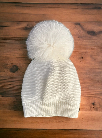 Gorro de punto unisex con pompón de pelo natural