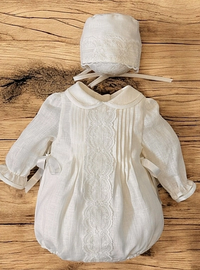 Long-sleeved linen romper and bonnet, Luca model