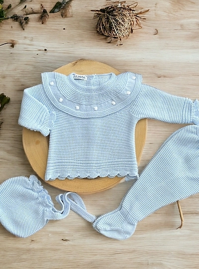 Three-piece set in baby blue chubby knit cloud collection.
