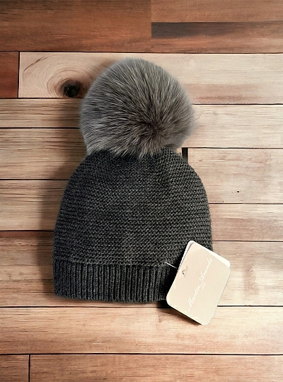 Unisex Knitted Beanie with Natural Fur Pom Pom