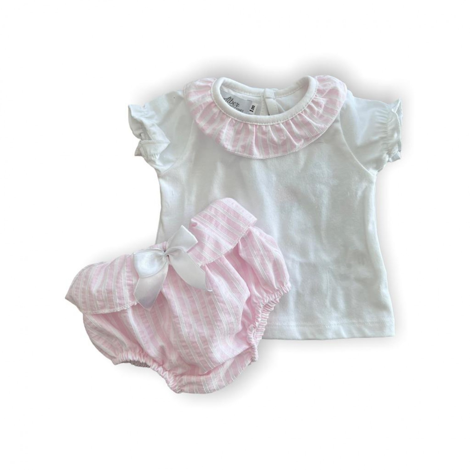 Conjunto para niña. Camiseta blanca y braguita de rayas rosa