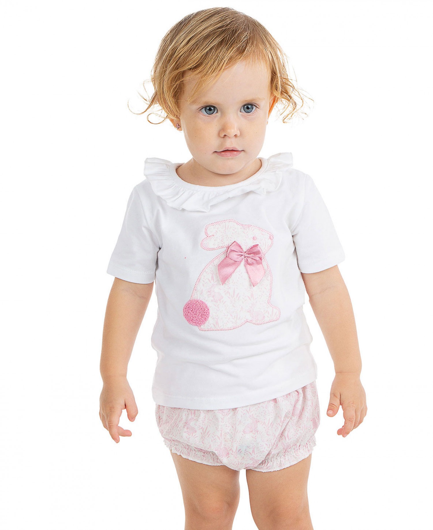 Conjunto para niña. Camiseta Blanca con detalles a rayas como la braguita